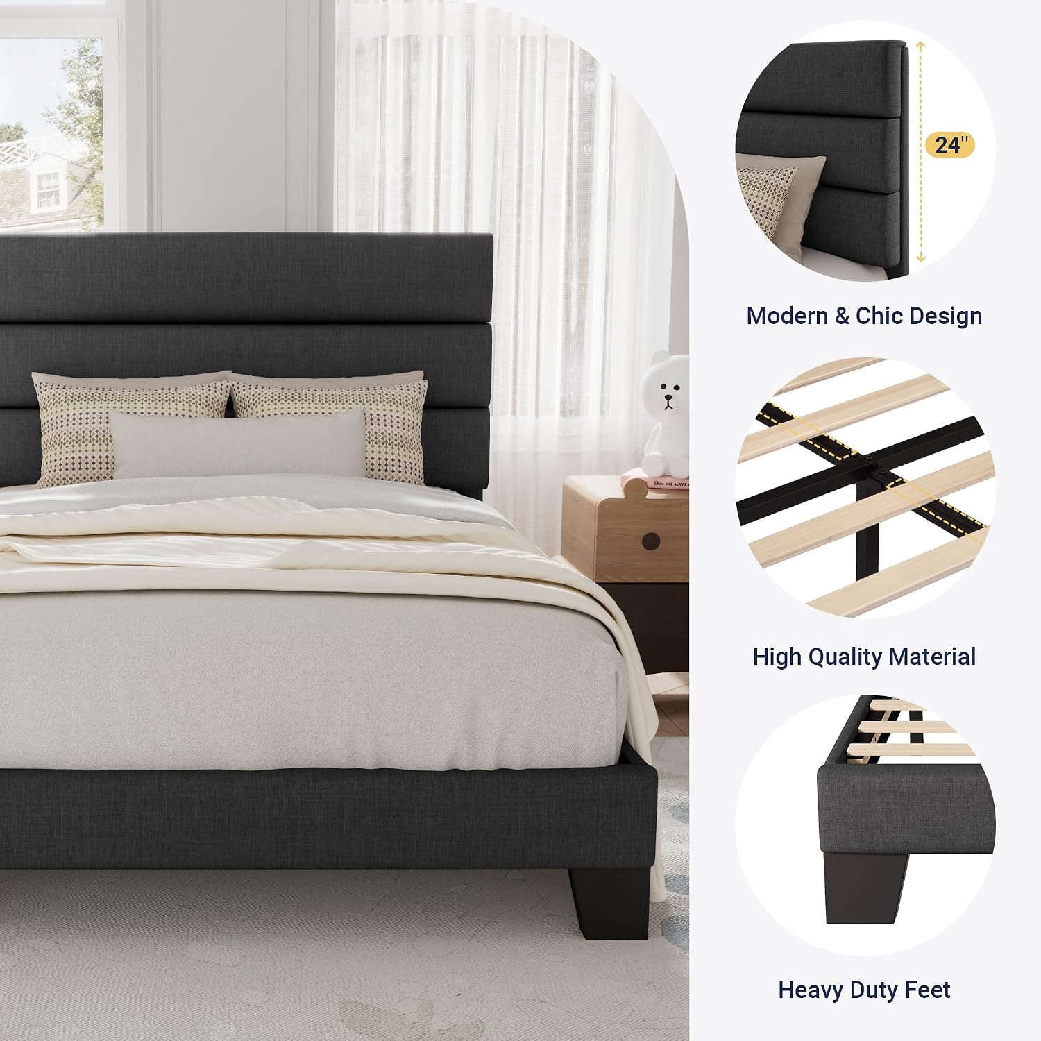 Allewie Twin Size Platform Bed Frame with Fabric Upholstered Headboard and Wooden Slats Support, Fully Upholstered Mattress Foundation/No Box Spring Needed/Easy Assembly, Dark Grey