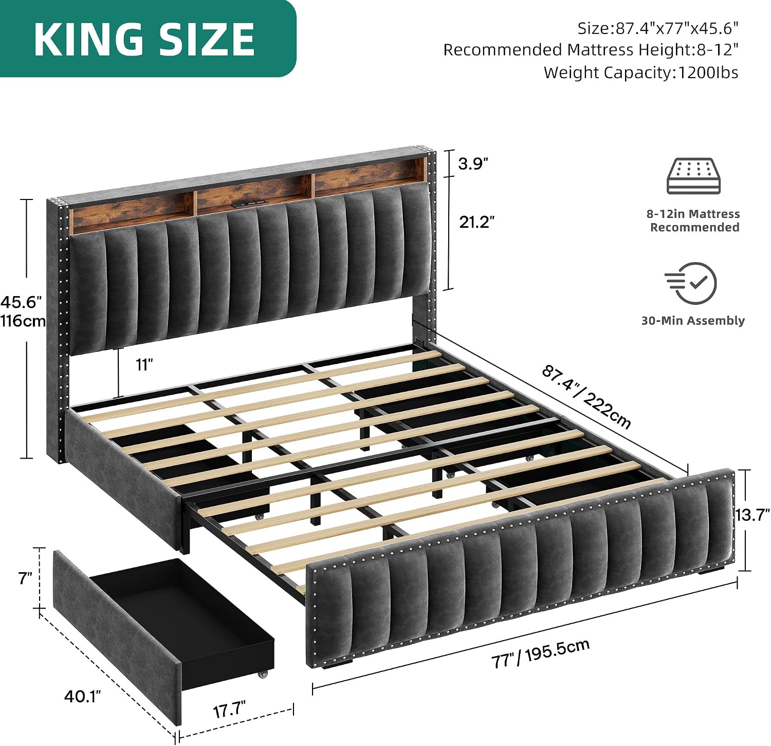 YITAHOME King Size Bed Frame wi/ 4 Storage Drawers and RGB LED Lights, Velvet Upholstered Platform Bed w/Charging Station and Bookcase Storage Headboard, No Box Spring Needed, Easy Assembly, Dark Gray