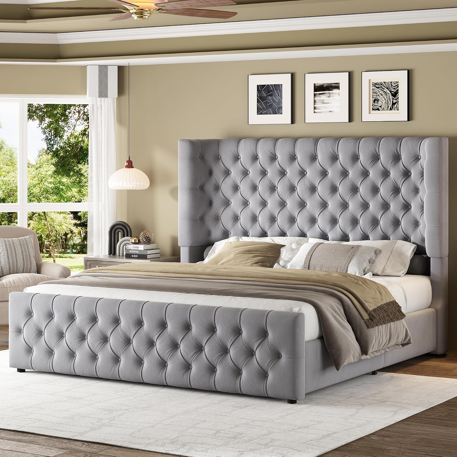 Jocisland California King Size Platform Bed Frame, 6.3' Thick Upholstered Curved Wingback Headboard and Footboard with Deep Button Tufted, No Box Spring Needed, Easy Assembly, Light Grey Velvet