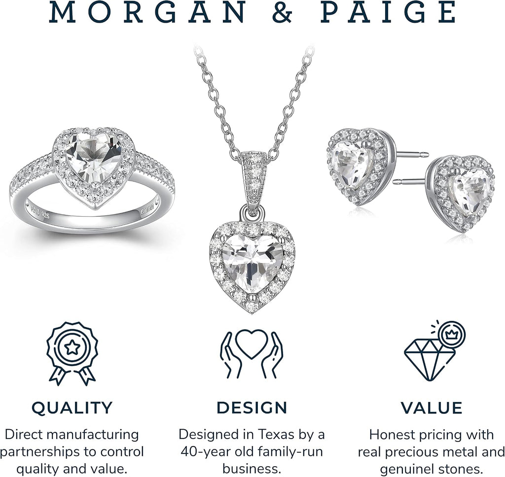 MORGAN & PAIGE .925 Sterling Silver Gemstones and White Sapphire Halo Heart Pendant Necklace, Ring and Stud Earrings for Women Set - Birthstone Jewelry Sets for Women, 18in Cable Chain, Size 7 Ring