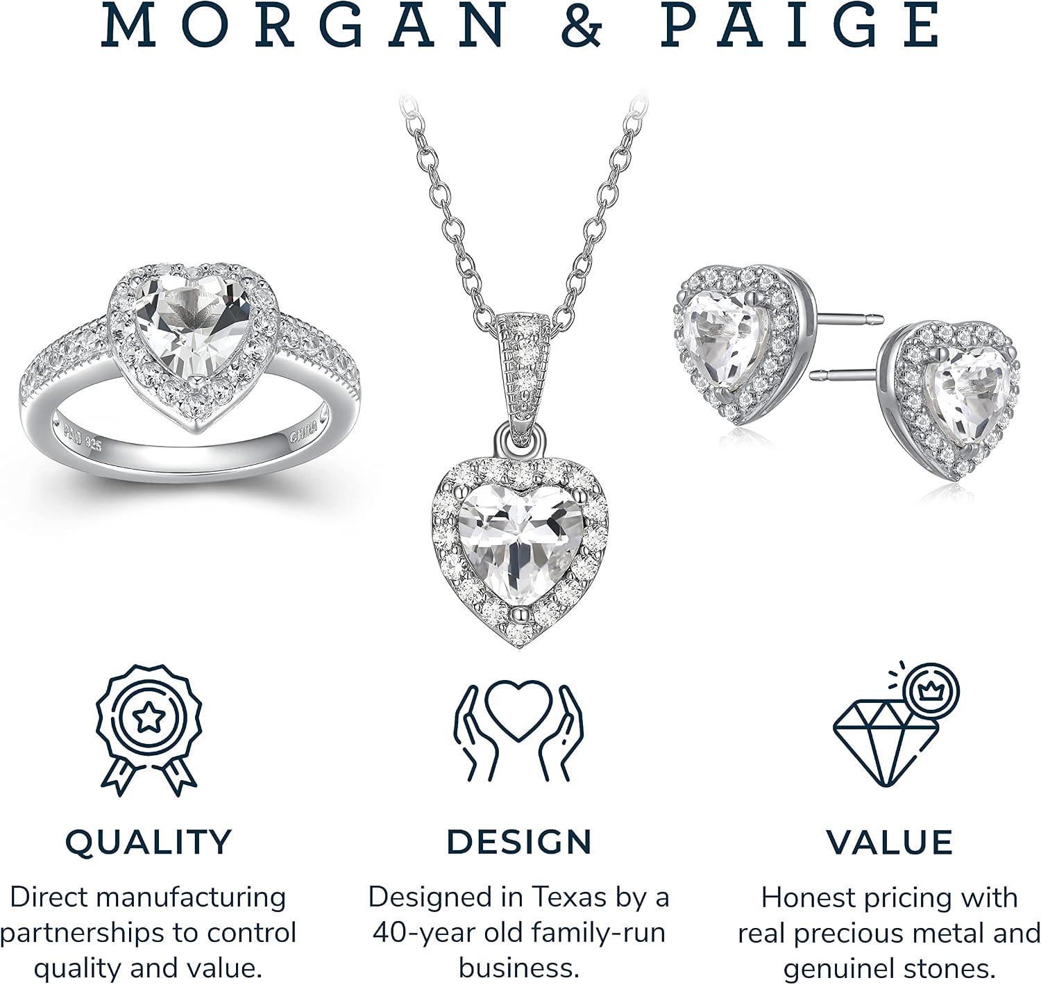MORGAN & PAIGE .925 Sterling Silver Gemstones and White Sapphire Halo Heart Pendant Necklace, Ring and Stud Earrings for Women Set - Birthstone Jewelry Sets for Women, 18in Cable Chain, Size 7 Ring