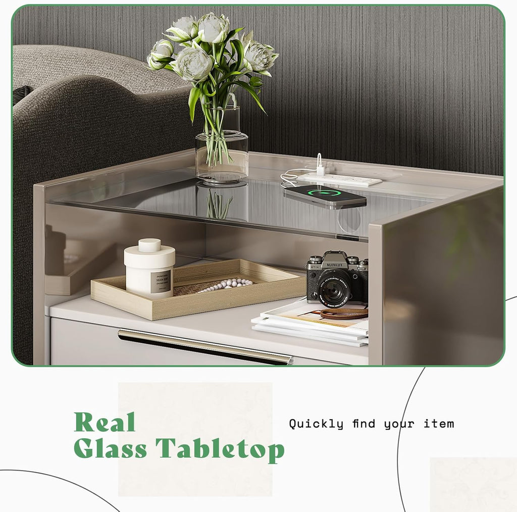 AMERLIFE 23.6' Nightstand, High Gloss End Table with Glass Tabletop, Modern Bedside Table with Charging Station, 2 Drawers Nightstand for Bedroom, Cream & Gray