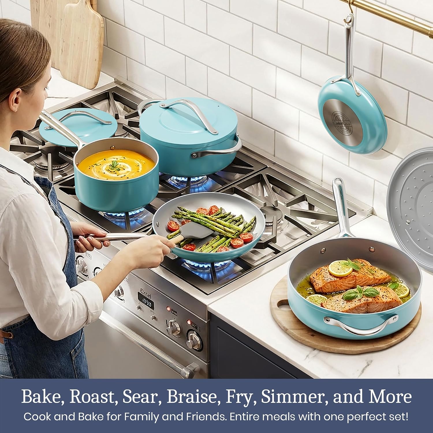 CookinCraze Ceramic Cookware Set, Pots and Pans Set Nonstick with Lid PFAS & PFOA Free, Induction Compatible Oven Safe Up to 500°F Even Heat Distribution, Caribbean Blue