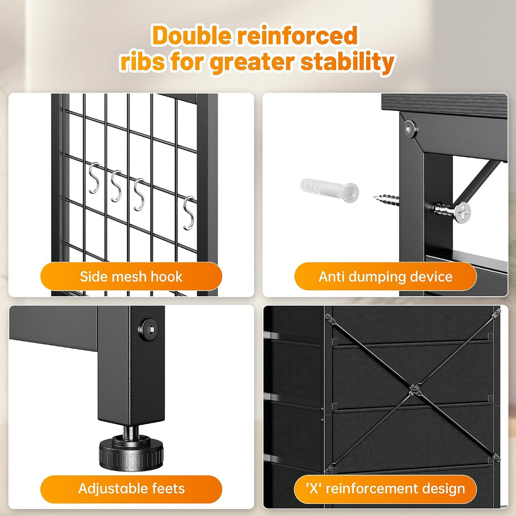 EnHomee 49.2' W Dresser for Bedroom with Hanging Rack 6 Drawers Dresser with LED Lights & Charging Station, Fabric Dressers & Chest of Drawers with 4 Hooks, Wooden Top, Grid Panel, Black