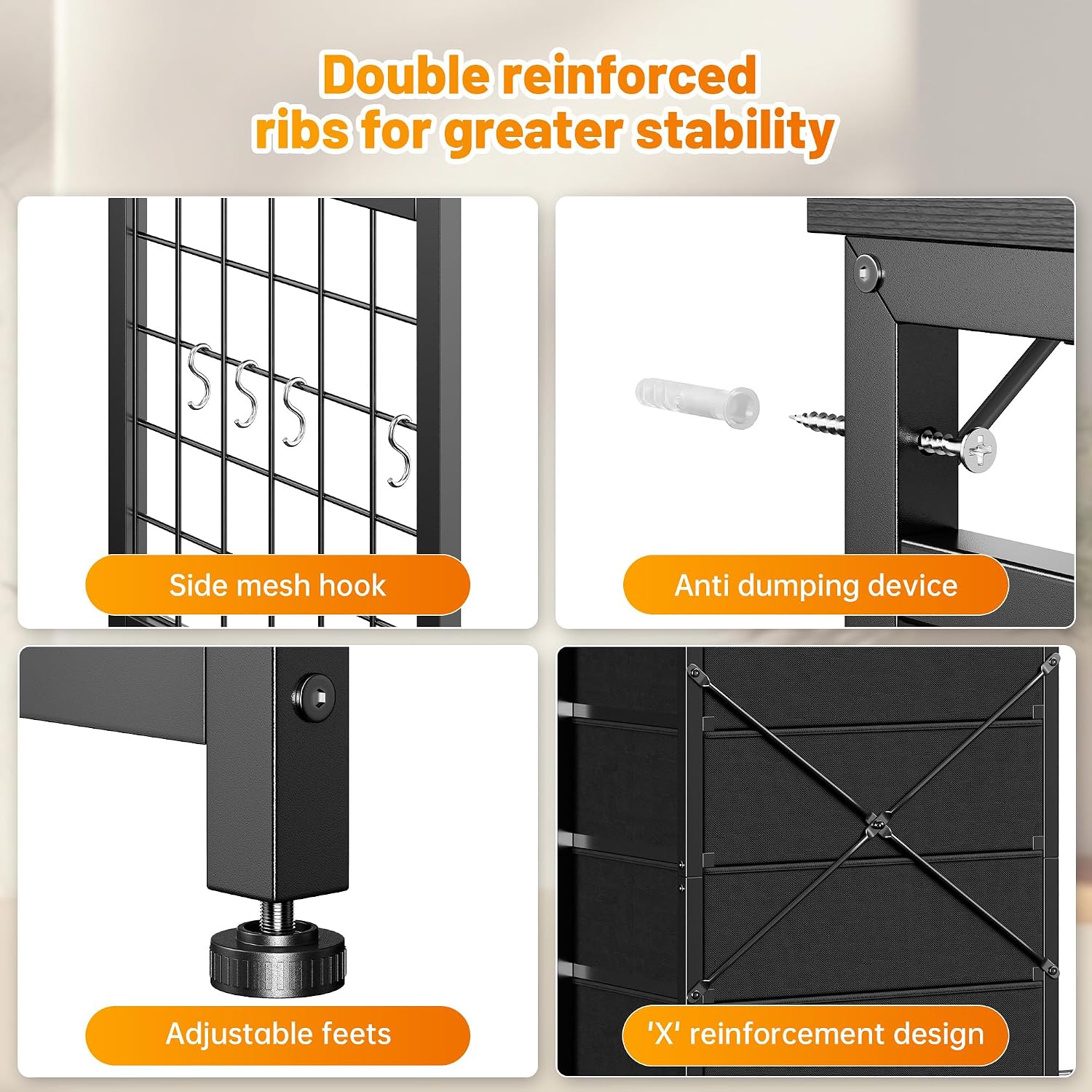 EnHomee 49.2' W Dresser for Bedroom with Hanging Rack 6 Drawers Dresser with LED Lights & Charging Station, Fabric Dressers & Chest of Drawers with 4 Hooks, Wooden Top, Grid Panel, Black