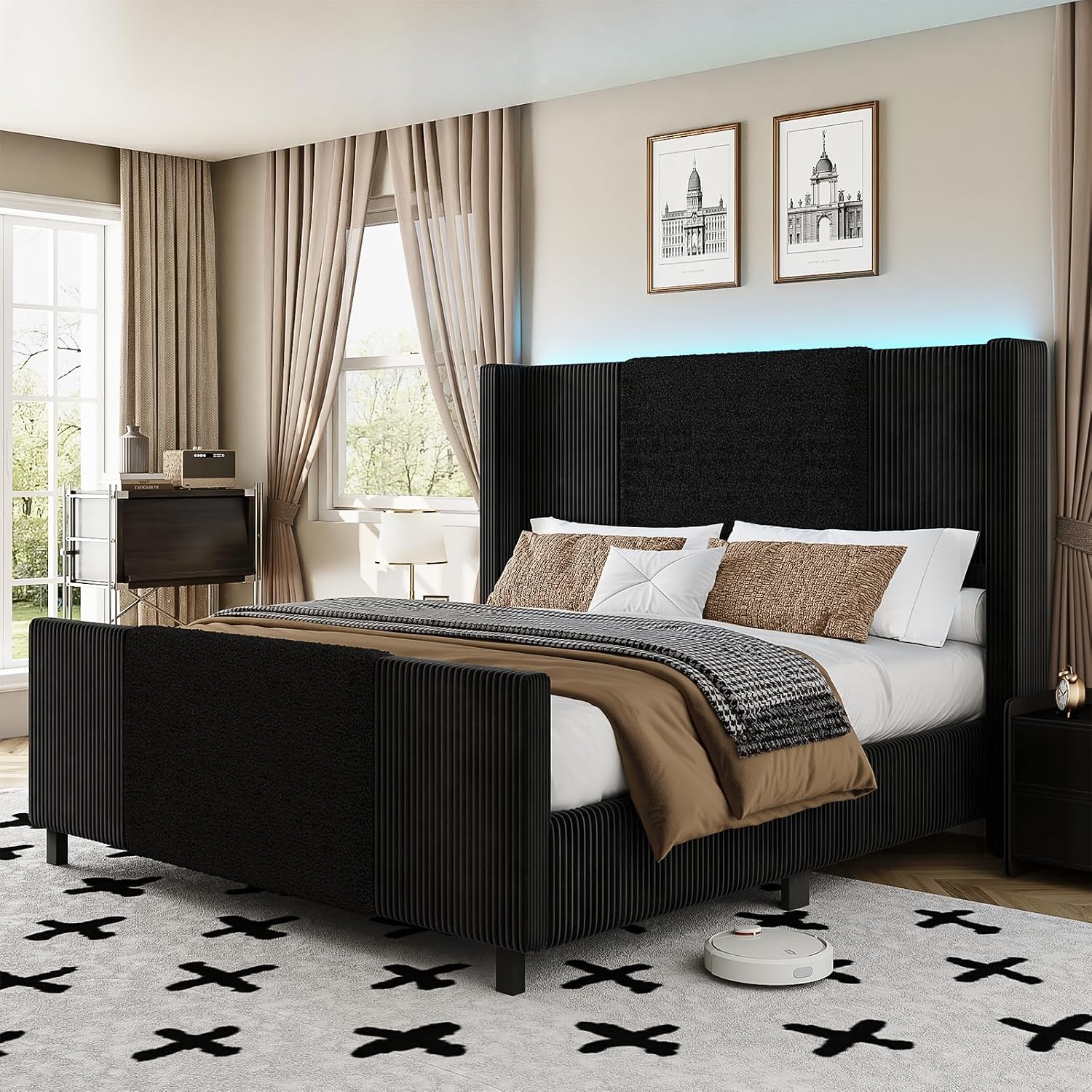 Lihimte Queen Size Bed Frame with Tall Headboard and Footboard, Boucle and Corduroy Upholstered Bed Frame Queen with LED Lights, Modern Platform Bed Frames, Noiseless, Easy Assembly, Black