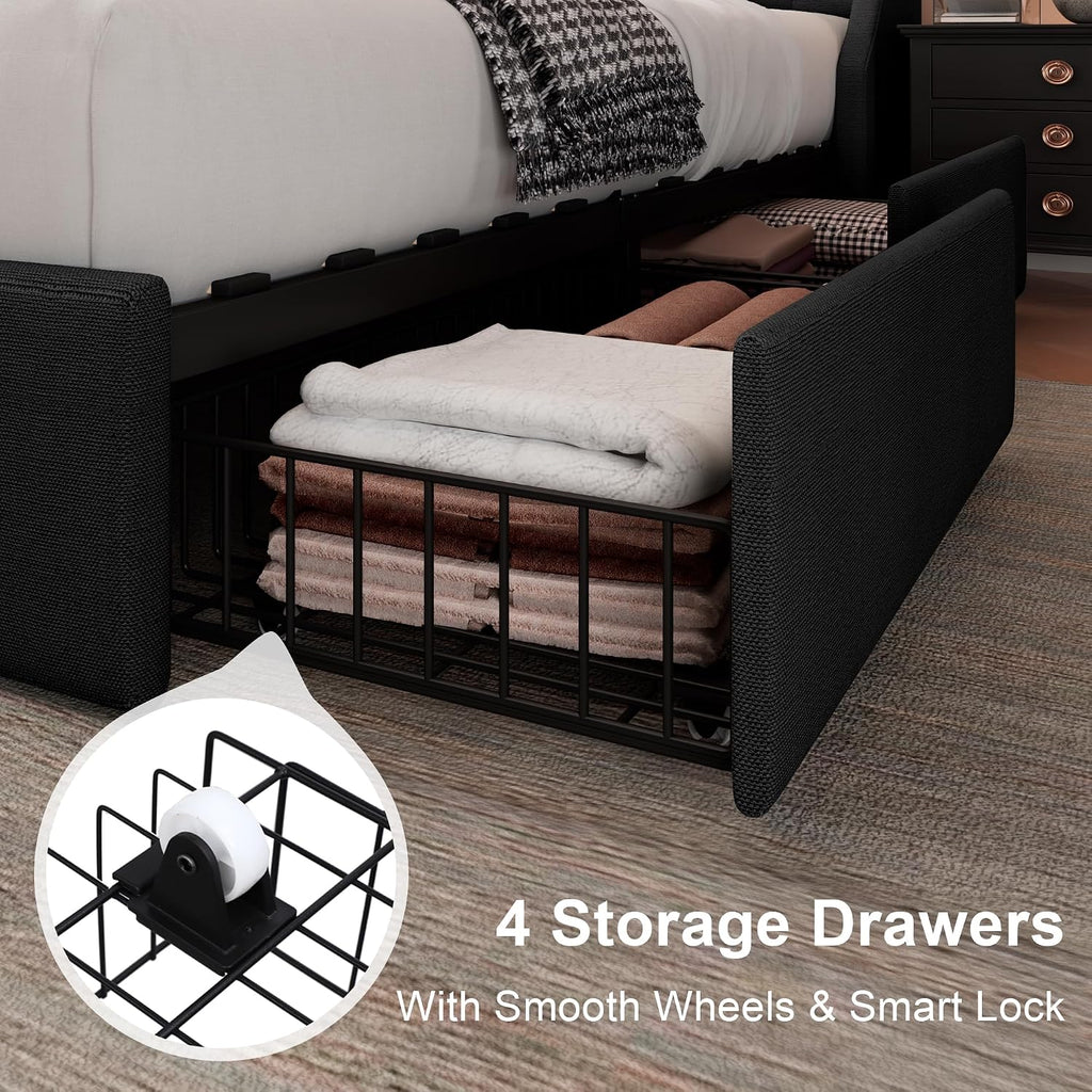 Feonase Upholstered Full Size Bed Frame with 4 Storage Drawers, Large Wingback Storage Headboard, No Box Spring Needed, Black