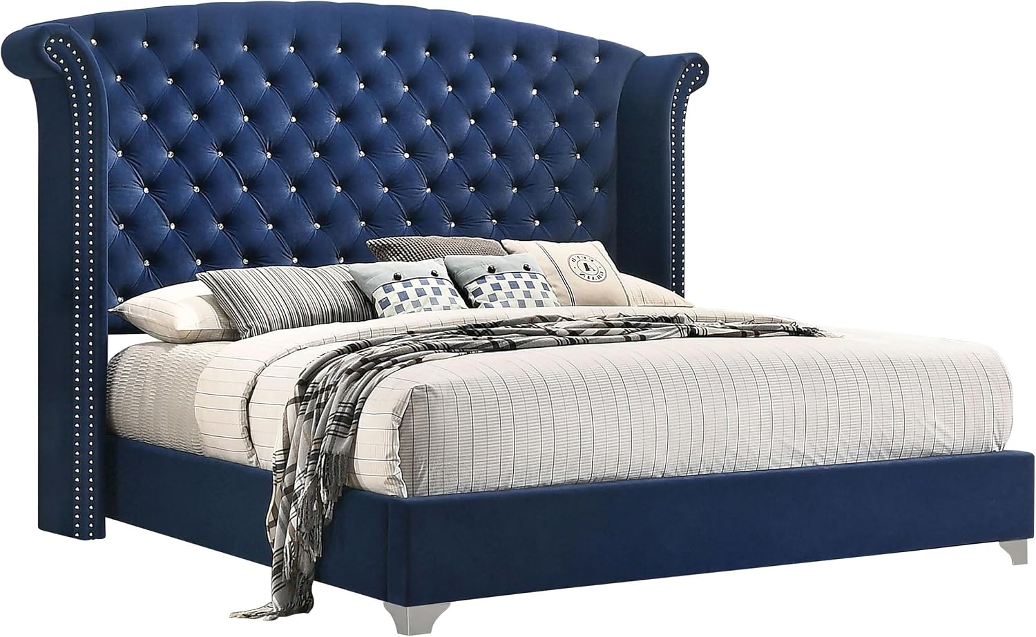 Coaster Home Furnishings Melody Modern Classic 5-Piece Bedroom Set Velvet Upholstered Queen Size Wingback Bed Frame 66-inch Headboard Pacific Blue 223371Q-S5