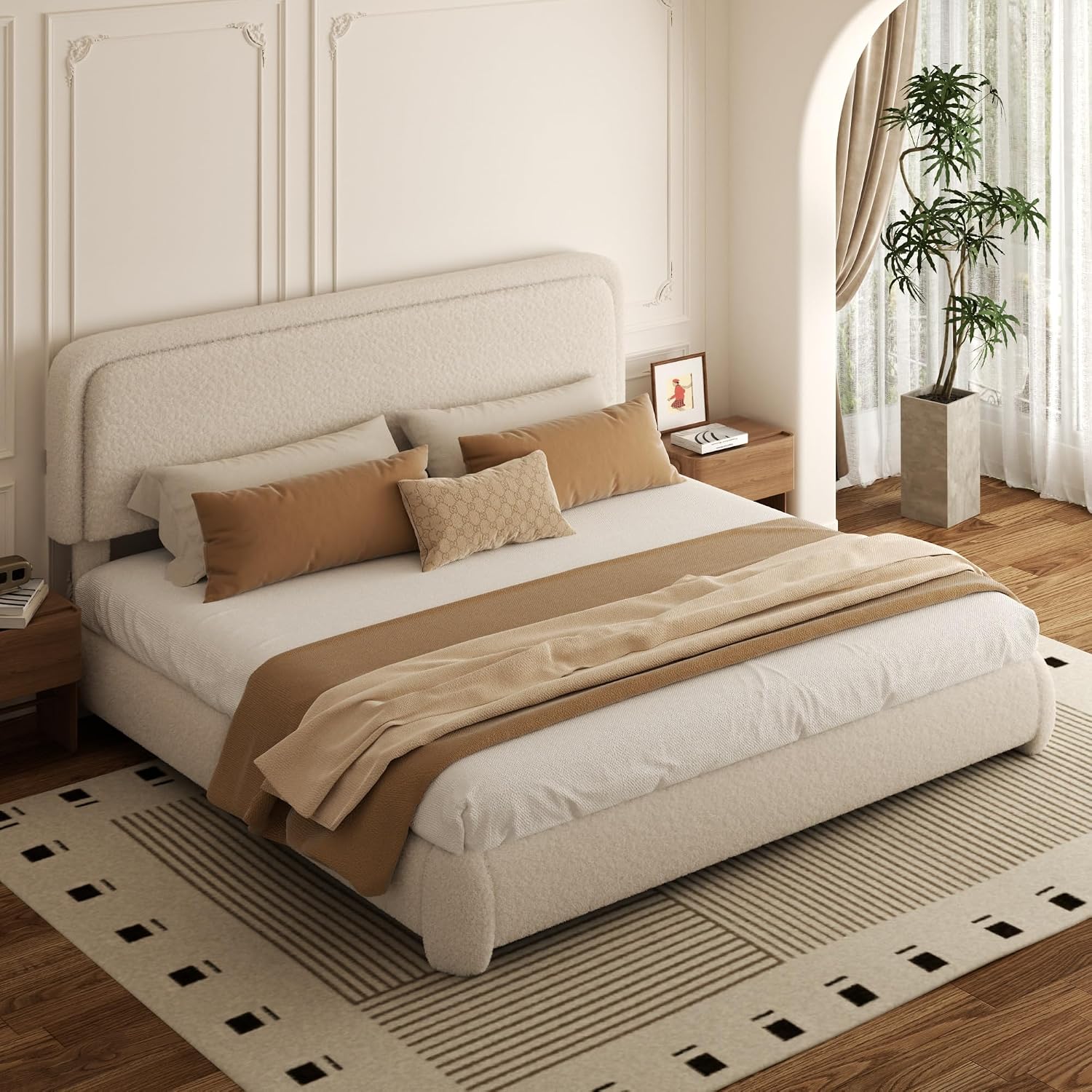 King Bed Frame, Teddy Velvet Boucle Bed Frame with 43.3'/45.3' Adjustable Upholstered Headboard, Rounded Corners, Mattress Foundation, No Box Spring Required, Beige