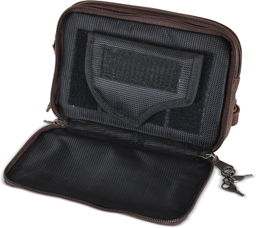 Kailey Concealed Self Defence Waist Bag by Lady Conceal - Buffalo/Suede Cowhide Leather, 3 Open Sides & Locking Zippers with Universal Holster (Mahogany w/Studs) - 8' L x 5.5' H x 2.25'