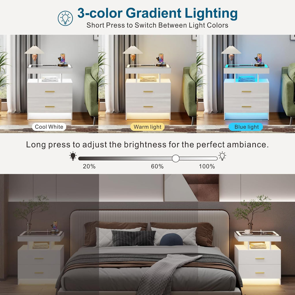 Smart LED Nightstand Set of 2 - with - Modern Night Stand with Wireless Charging Station, Glass Top Bedside Table with Drawers for Bedroom, Glossy End Table with Human Body Induction (White)