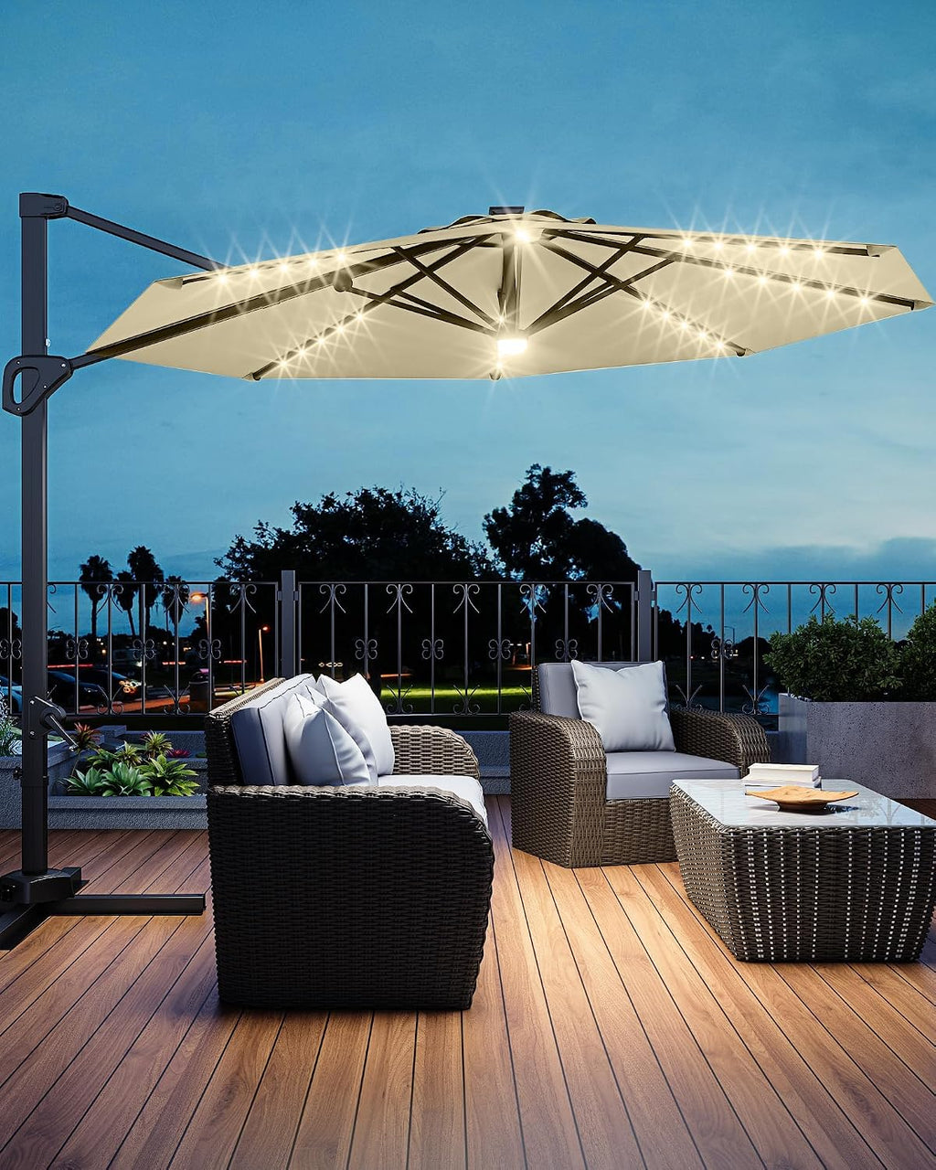 Takywep 10ft Cantilever Patio Umbrella, Outdoor Umbrella 360-degree Rotation, Solar-powered LED lights, Easy-Tilt Mechanism, for Decks, Poolside and Backyard Relaxation