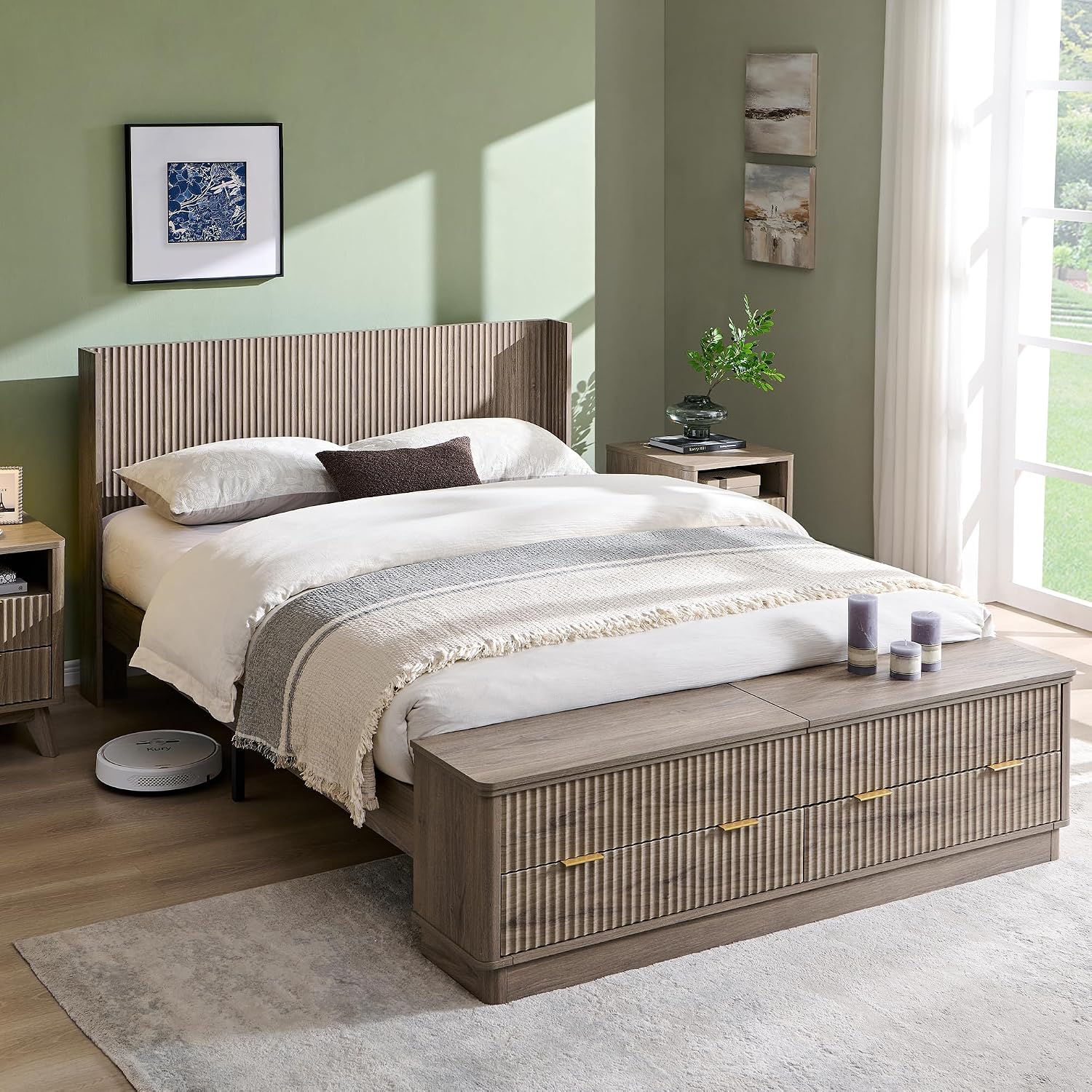 T4TREAM Fluted Queen Size Bed Frame with Wingback Headboard, Footboard Storage Bench with Built-in Drawers & Lift-Up Compartments, Wood & Steel Platform Bed, No Box Spring Needed, Grey Alder