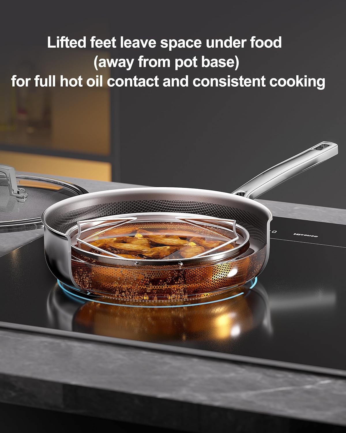FogDream Titanium Non Stick Frying Pan, 10in Tri-Ply Stainless Steel Deep Saute Pan, All-in-One Cookware Set(Spatulas&Steamer), Stay Cool Handle, Dishwasher & Oven-Safe,Induction Compatible,Silver