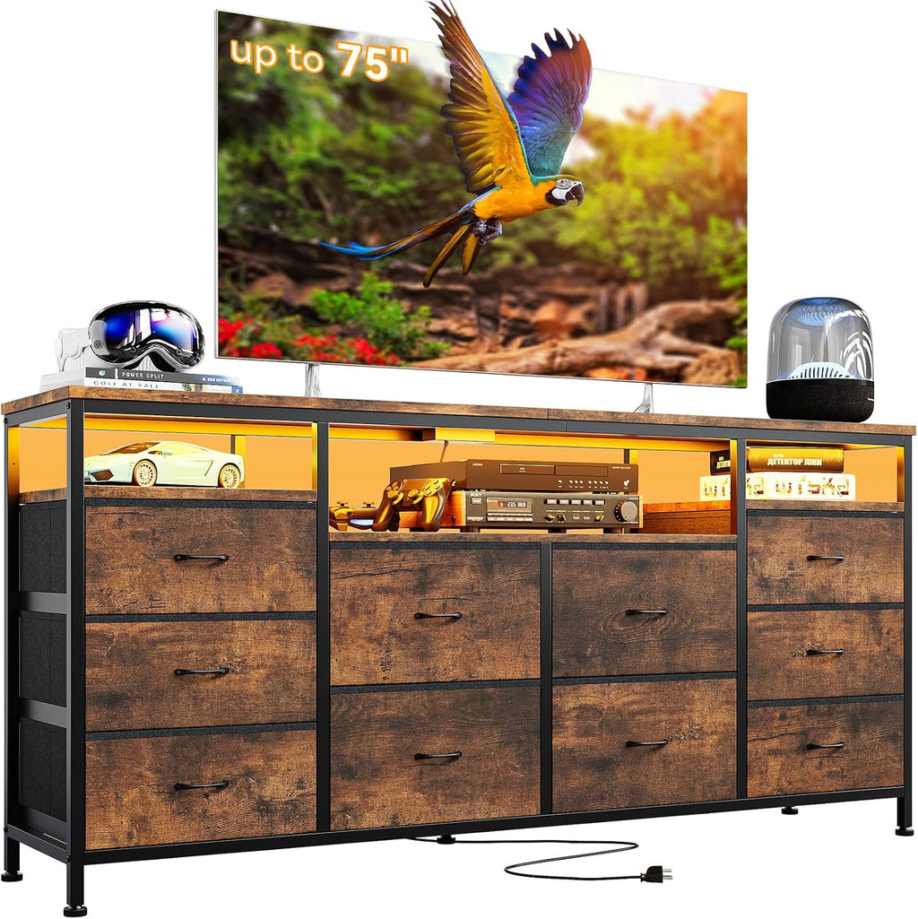 63.3 in Dresser for Bedroom, 10 Drawer Dresser TV Stand for 65 70 75 in TV, Fabric Chest of Drawers with LED Lights & Power Outlets, Long Entertainment Center for Closet, Living Room, Entryway