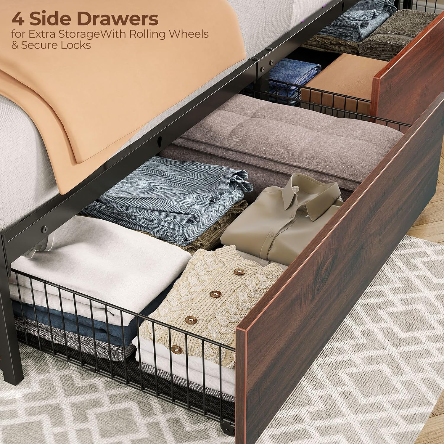 Rolanstar Twin Bed Frame with 4 Storage Drawers & 2-Tier Storage Headboard, Metal Platform Bed Frame with Charging Station & LED Lights, Noise-Free, No Box Spring Needed, Easy Assembly, Espresso