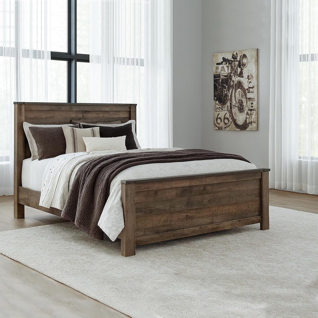 Signature Design by Ashley Trinell Casual Queen Panel Bed with Metal Slats and Nailheads, Foundation or Box Spring Needed, Dark Brown