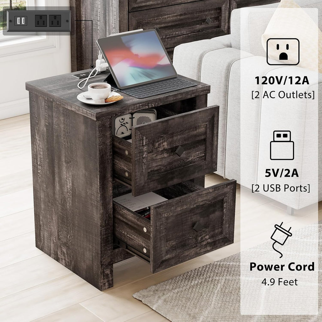 LUXOAK Farmhouse Bedroom Furniture 4 Pieces, 1 X Wood Rustic 6 Drawer Storage Dresser, 1 X 5 Drawer Dresser, Nightstand Set of 2 with Charging Station, Farmhouse Bedroom Set, Black