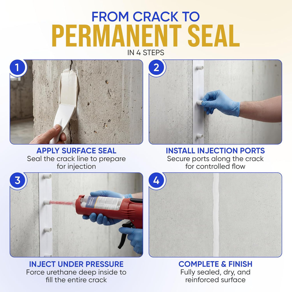 SolidFix 10ft Concrete Crack Repair Kit with All Tools – Professional Urethane Injection System – Wall Repair Paste for DIY Projects -Ideal Crack Filler to Stop Basement & Foundation Leak Permanently