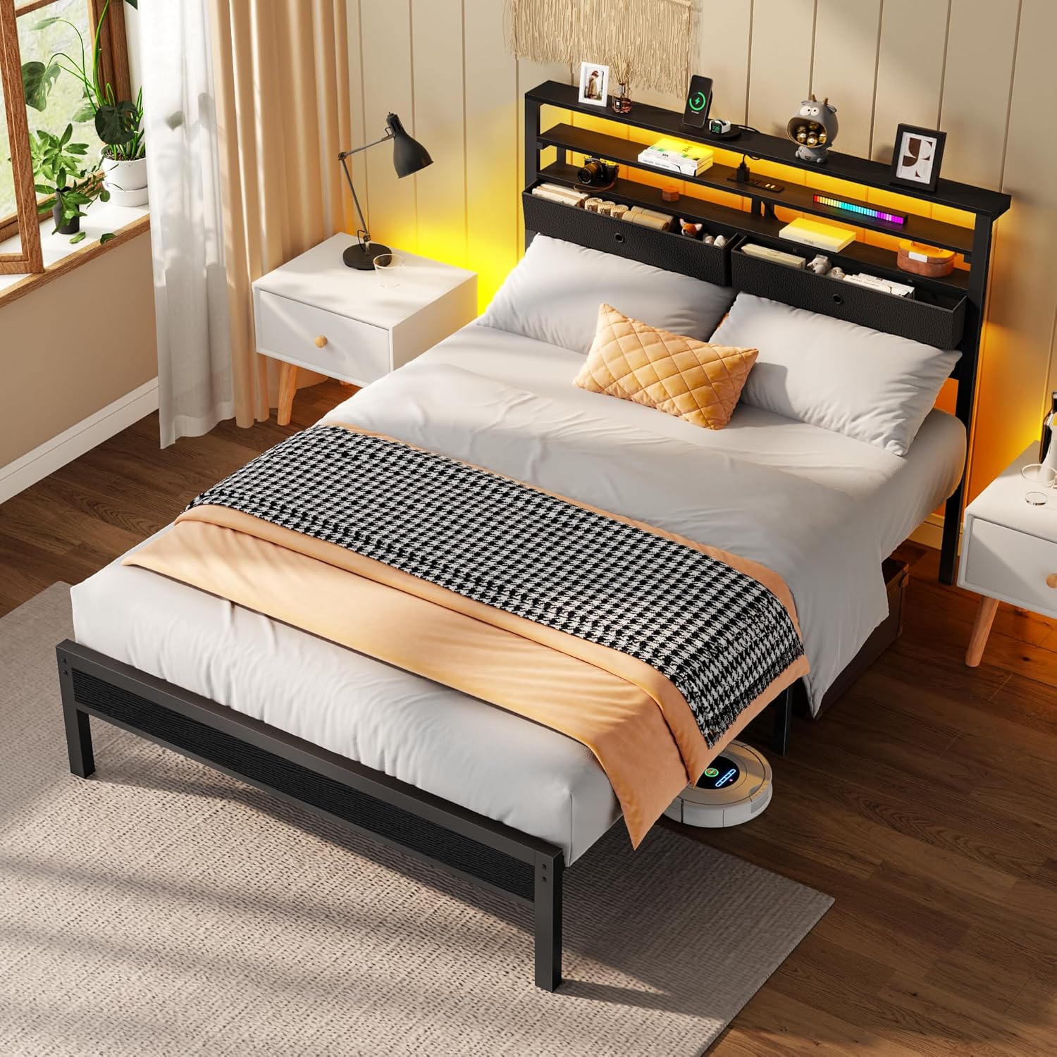 Furnulem Full Size Bed Frame with Headboard, 3-Tier Storage Shelves & 2 Fabric Drawers, Built-in Charging Station & RGB LED Lights, Metal Slat Support, No Box Spring Needed, Easy Assembly, Black Oak