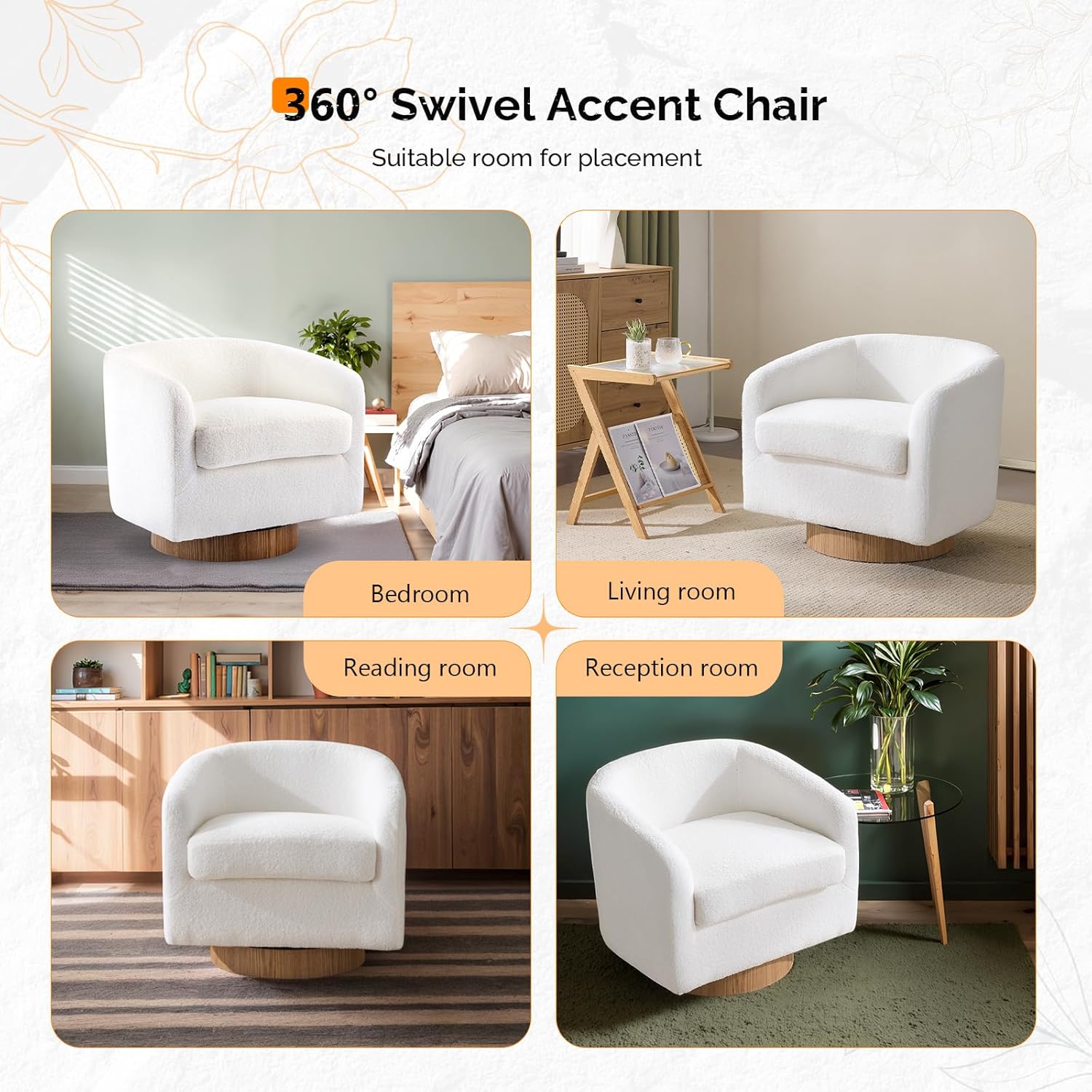 VINGLI 360°Swivel Accent Chair with Engineered Wood Base and Removable Cushion for Living Room, Bedroom, Curved Back Barrel Chair for Small Space, Upholstered Bucket Armchair, Teddy White