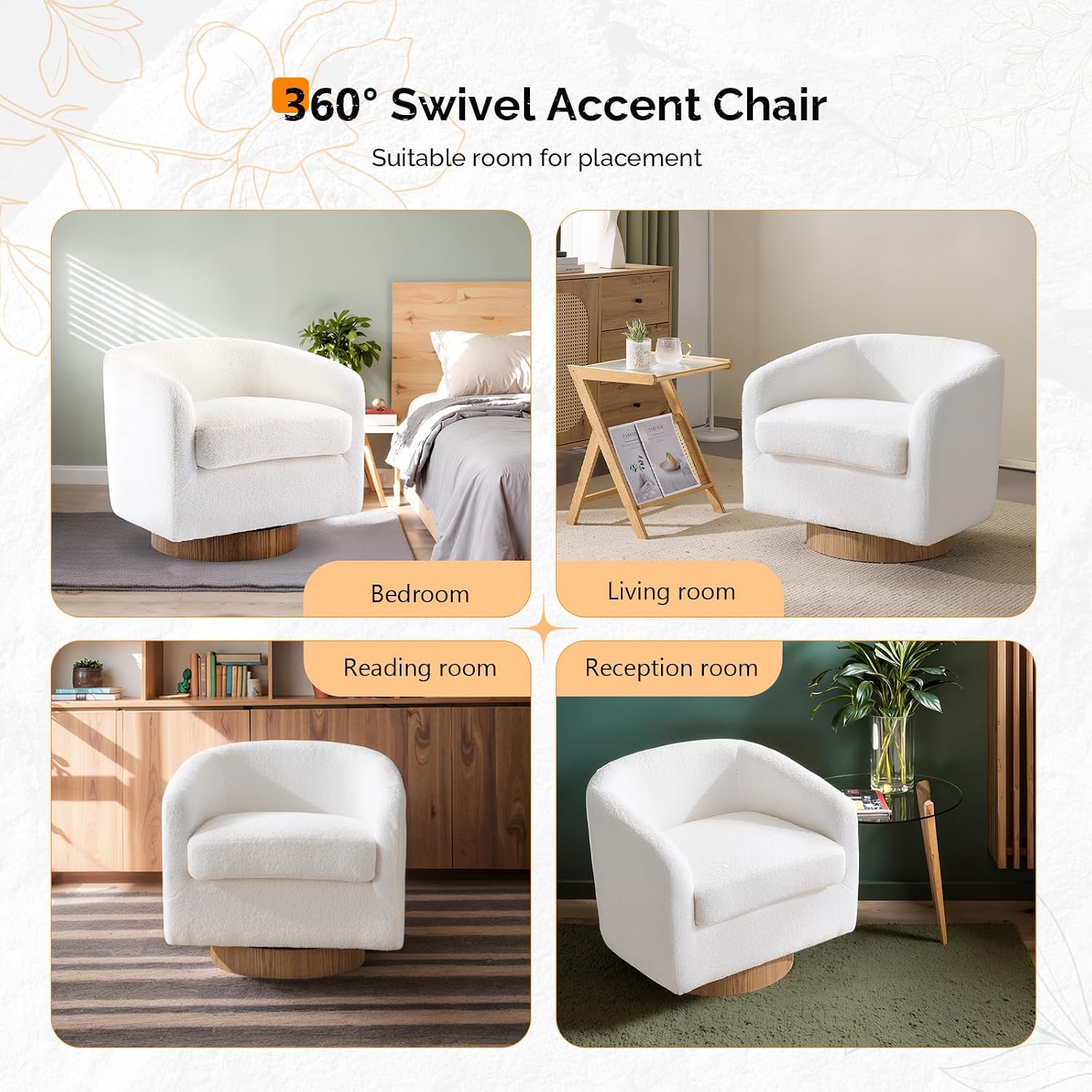 VINGLI 360°Swivel Accent Chairs Set of 2 with Engineered Wood Base and Removable Cushion for Living Room, Bedroom, Curved Back Barrel Chairs for Small Space, Upholstered Bucket Armchairs, Teddy White