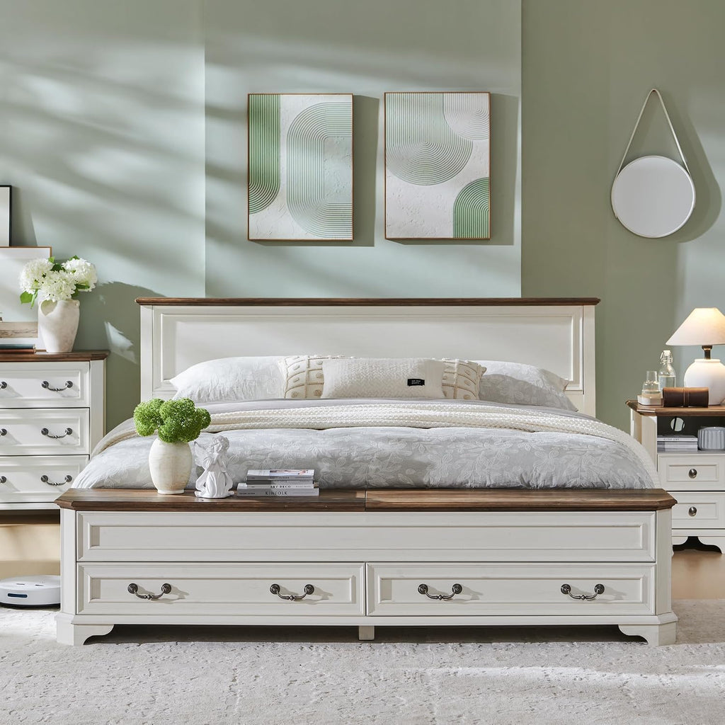 T4TREAM Farmhouse King Bed with Headboard and Storage Bench, Rustic Wood Platform Bed with 80' Storage Chest w/ 4 Large Drawer (Antique White)