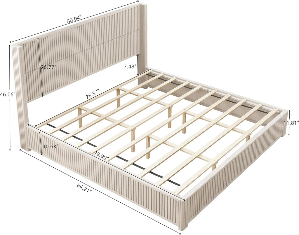 Ball & Cast Fluted King Bed Frame with Wingback Headboard,Solid Wood Platform Bed Frame King Size with Wood Slats, No Box Spring Needed, Easy Assembly,Beige