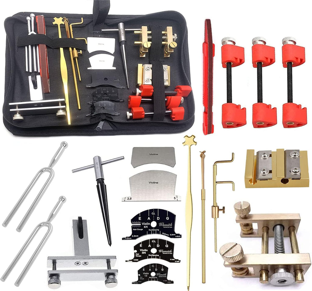 19pcs Violin Bridge Fitting Tool Include Crack Repair Tuning Fork Bridge Clamp Sound Post Setting Fingerboard Template Tool with Carry Bag Luthier Tool for Violin Repair Maintenance