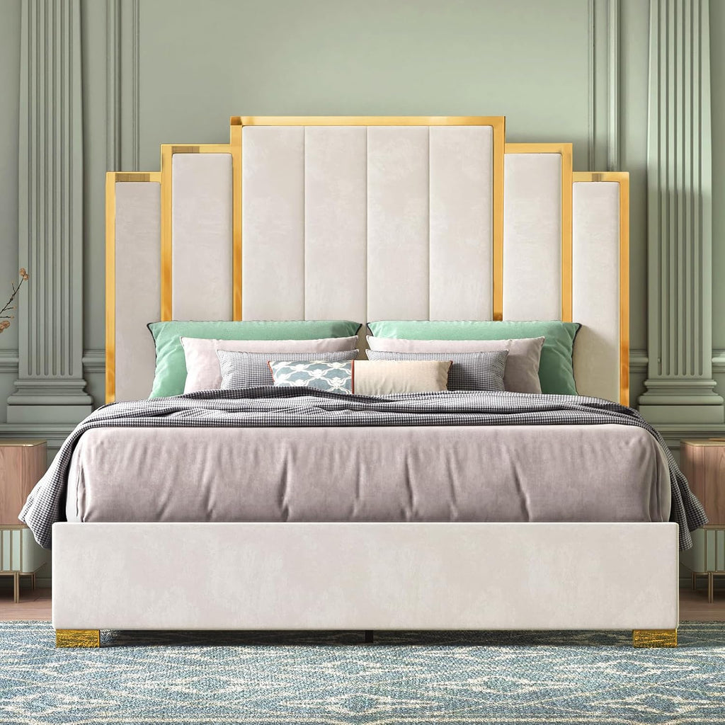 HOWE Queen Size Bed Frame and 61' Headboard, Upholstered Bed with Golden Plating Trim, Modern Platform Bed No Box Spring Needed, Cream