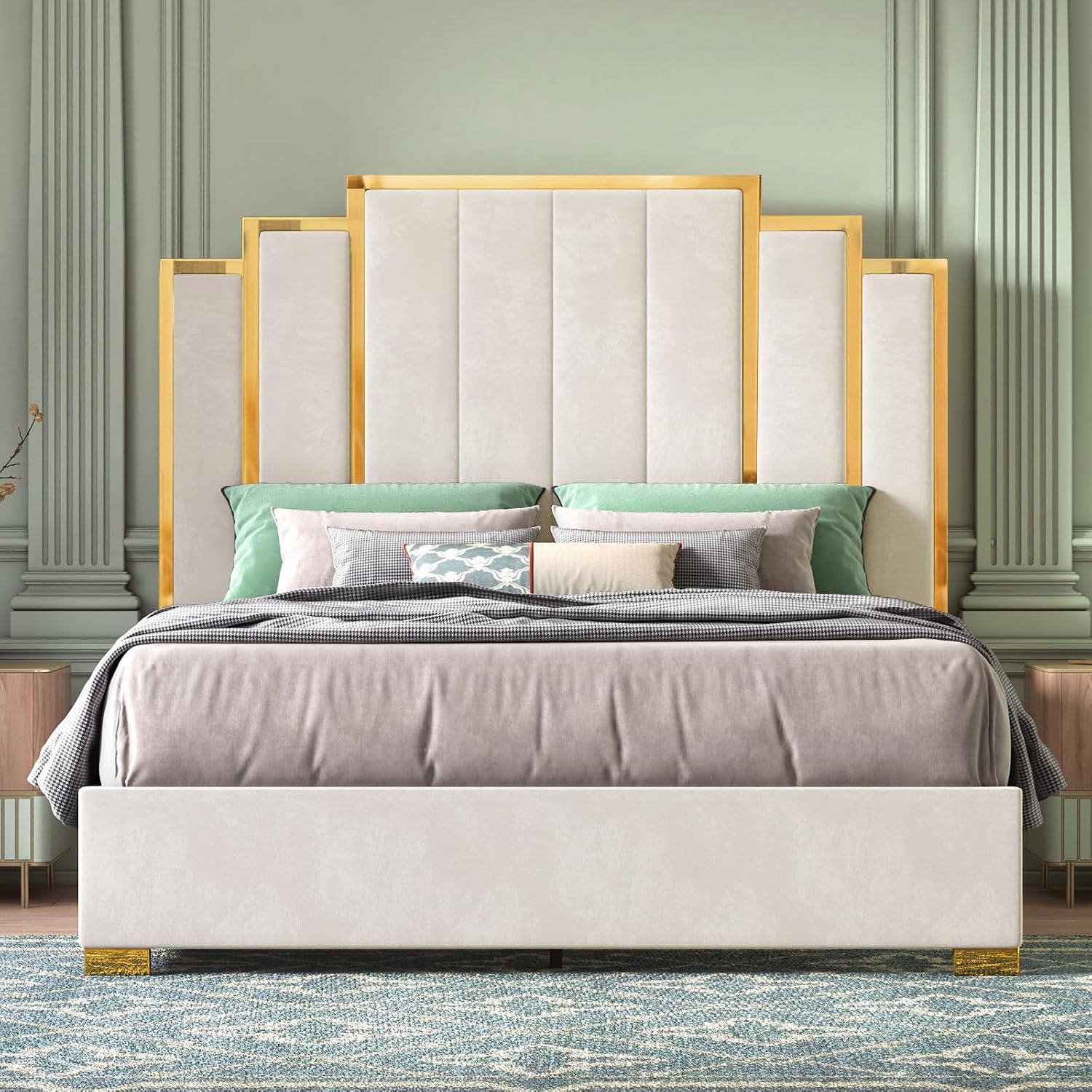 HOWE Queen Size Bed Frame and 61' Headboard, Upholstered Bed with Golden Plating Trim, Modern Platform Bed No Box Spring Needed, Cream