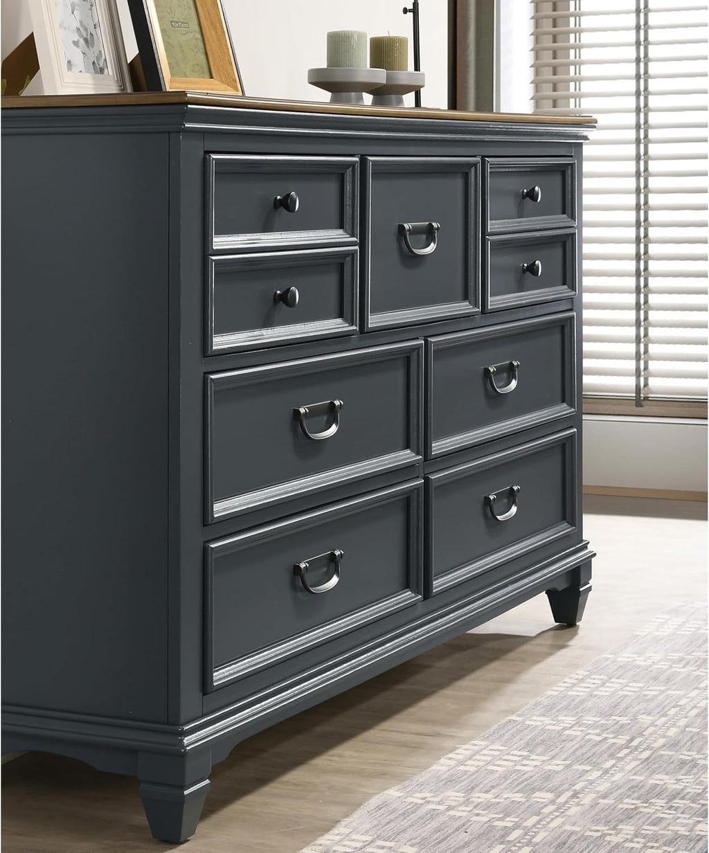 Roundhill Furniture Riverton Wood Bedroom Set with Shiplap Panel King Bed, Dresser, Mirror, Two Nightstands, and Chest in Slate Blue