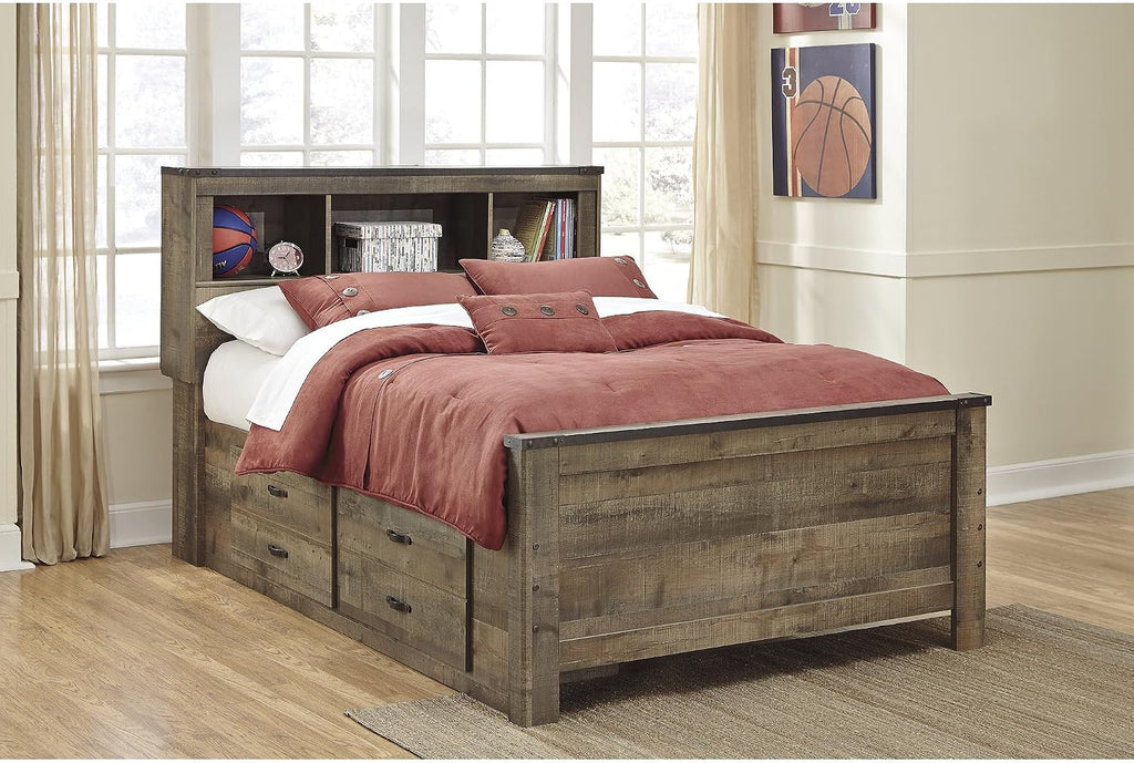 Signature Design by Ashley Trinell Casual Full Bookcase Platform Bed with 2 Storage Drawers and Nailheads, Foundation or Box Spring Not Needed, Dark Brown