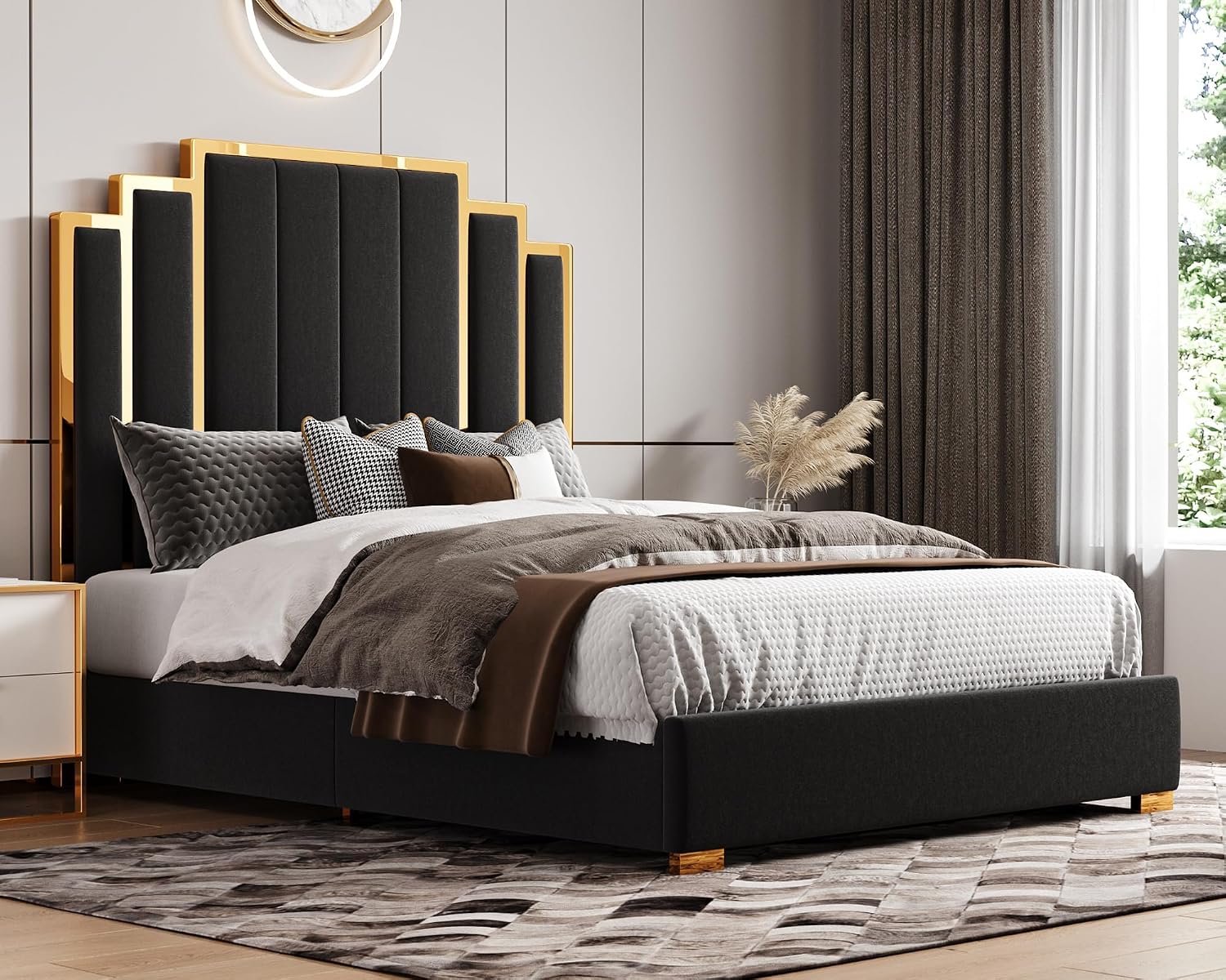 HOWE California King Size Bed Frame and 65' Headboard, Upholstered Bed with Golden Plating Trim, Modern Platform Bed No Box Spring Needed, Black