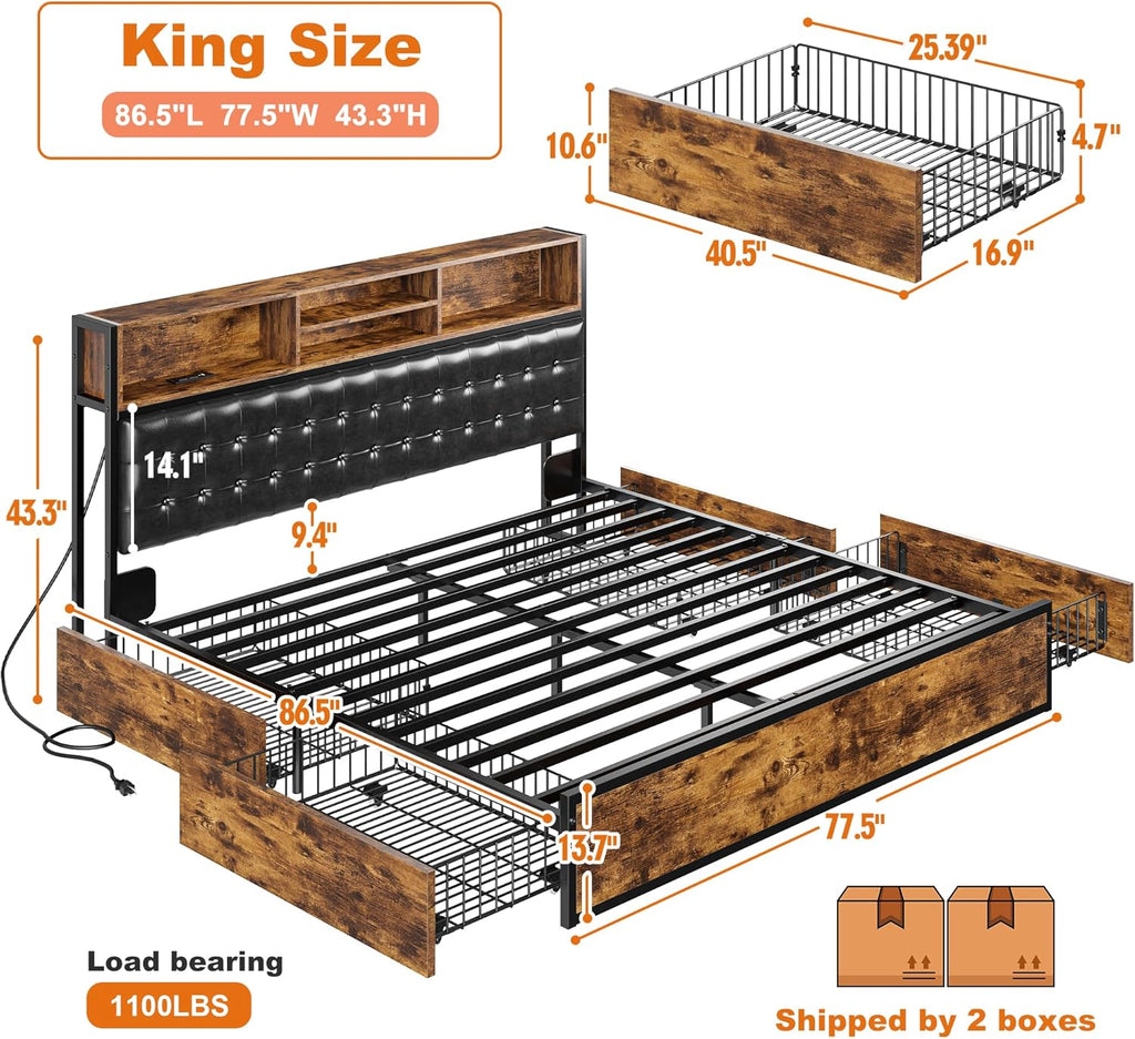 EnHomee King Size Bed Frame with 4 Storage Drawers, King Bed Frame and Headboard with Built in Charging Station,No Noise,No Box Spring Needed,Vintage Brown