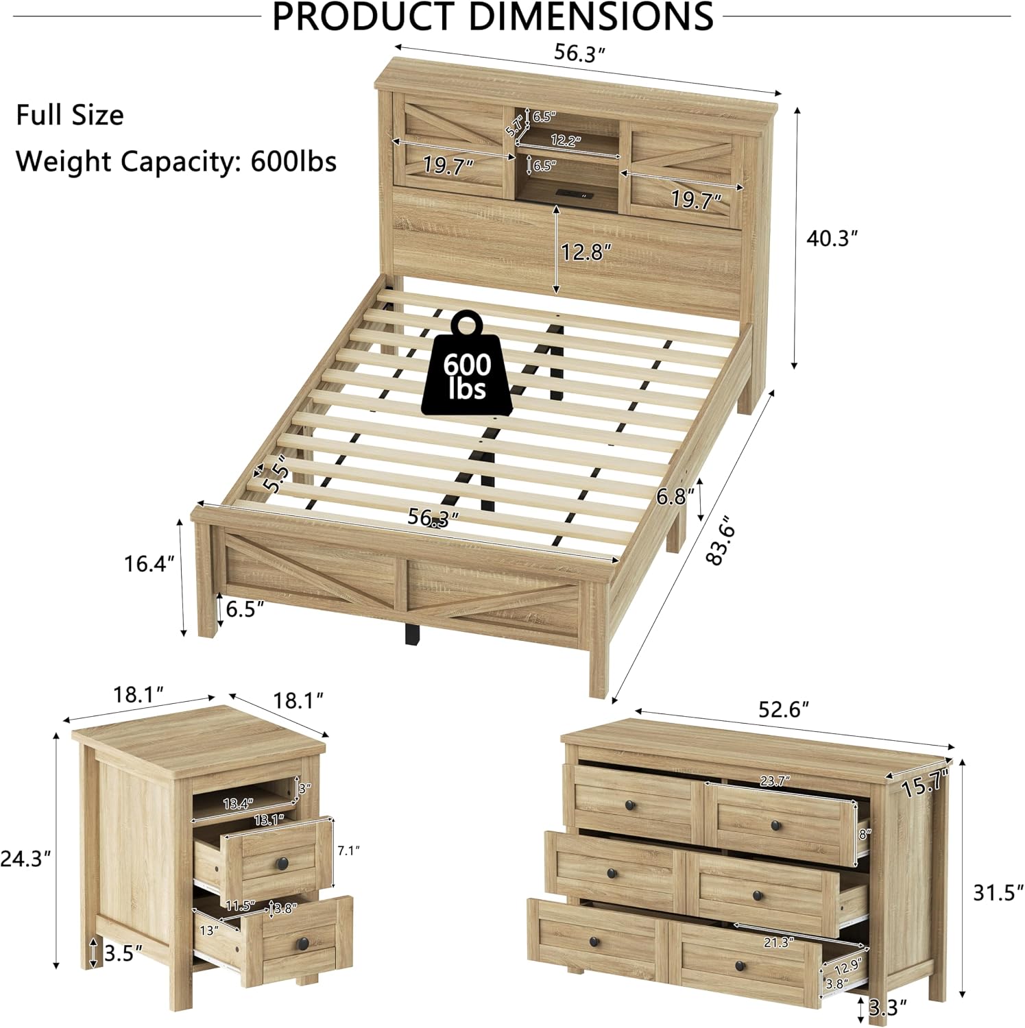 Merax 3-Pieces Bedroom Sets, Farmhouse Platform Bed, Storage Nightstand and Dresser, Bedframe with Double Sliding Door Storage Headboard and Charging Station, Natural, Full Size