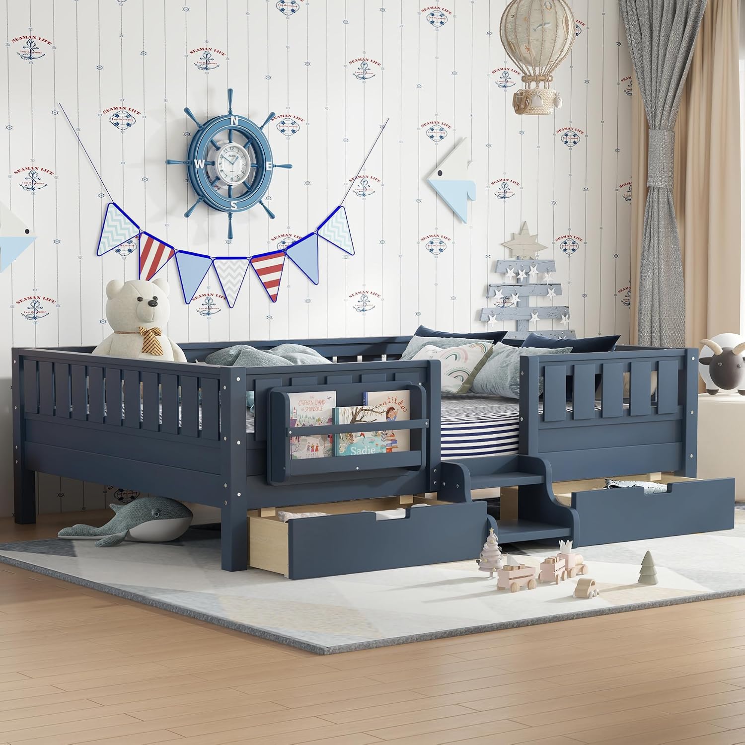 Bellemave Queen Size Bed with Slats and Stairs, Queen Size Platform Bed Frame with Fence, Bookshelf and Storage Drawers, Easy Assemble Beds for Girls, Boys, Blue