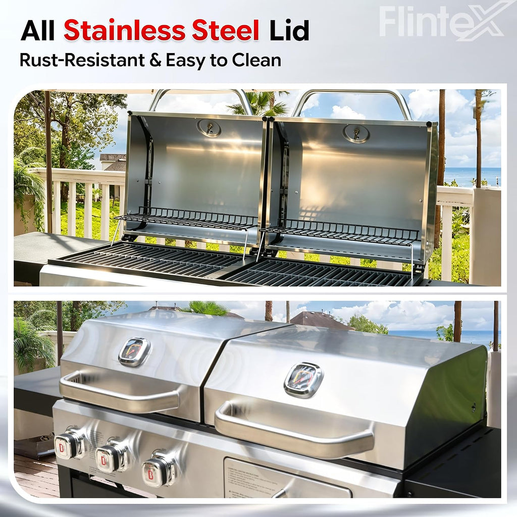 Flintex Gas and Charcoal Grill Combo with Griddle, Propane Grill Griddle Combo with Dual Fuel BBQ System, 720 sq.in. Cooking Area, Porcelain-Enameled Cast Iron Grates and Pan