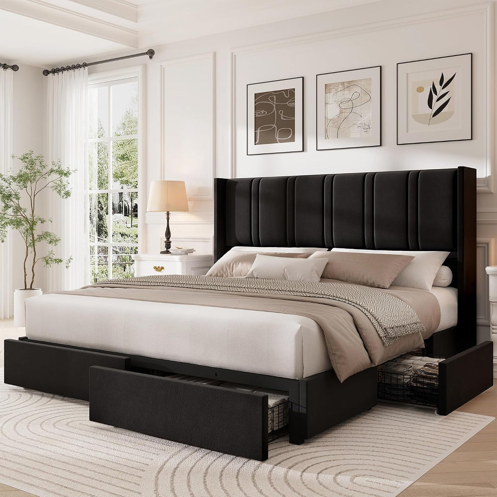 LARMACE Queen Size Bed Frame with 4 Storage Drawers and Wingback Headboard Velvet Upholstered Platform Bed Frame with Wooden Slats, Easy Assembly, Black