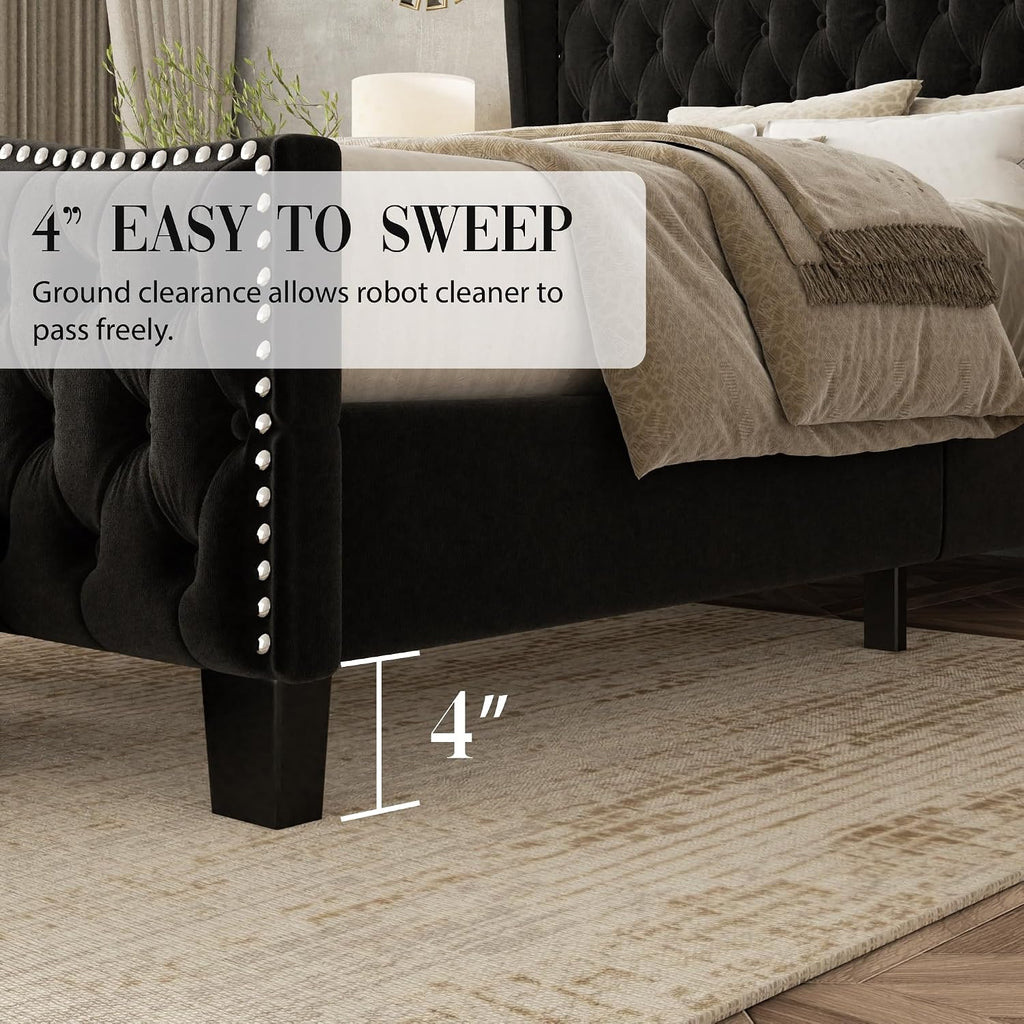 Queen Size Bed Frame with Tall Headboard Upholstered Bed Frame King Platform Bed Luxury Wingback Headback No Box Spring Needed, Mattress Foundation, Easy Assembly-Black