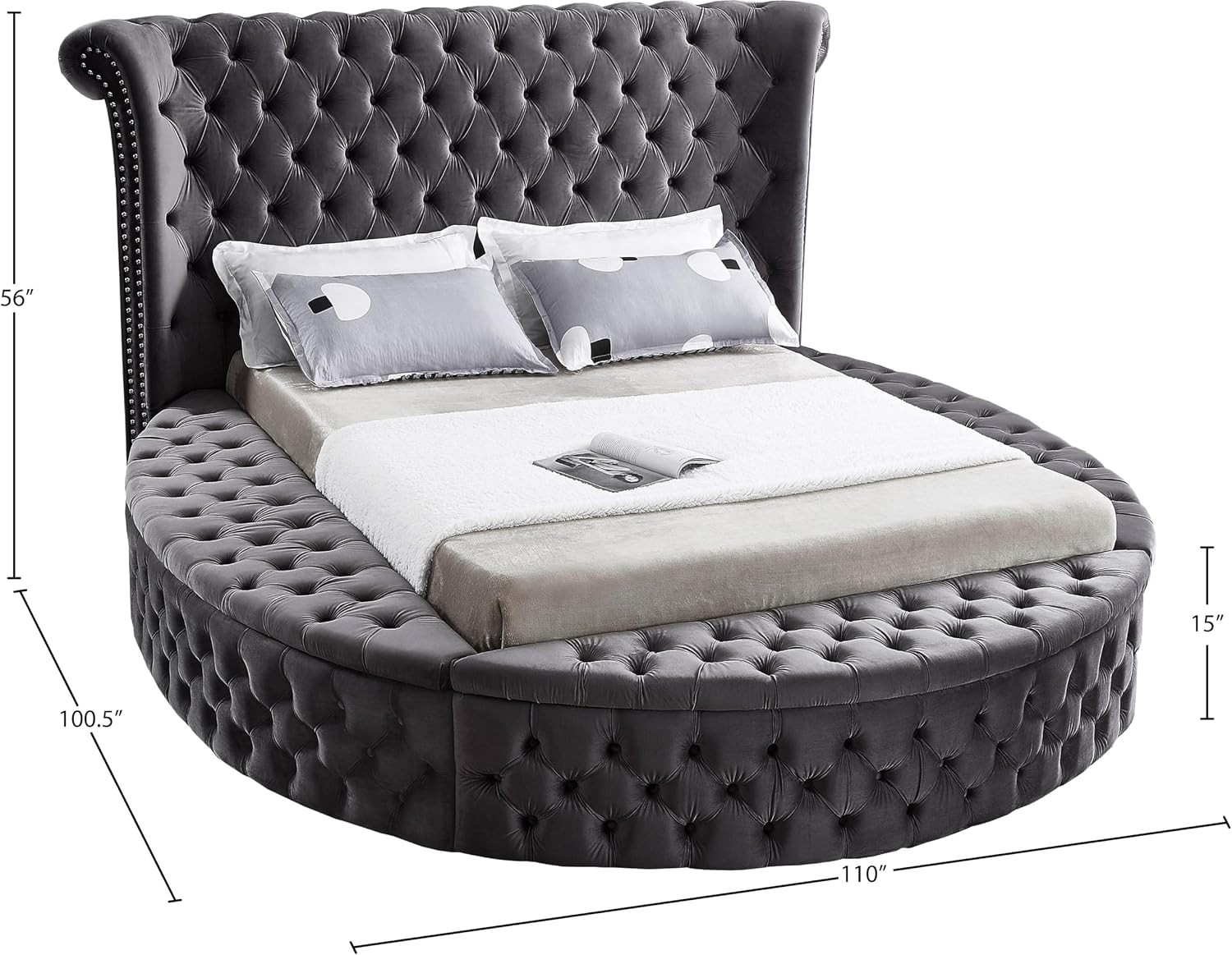 Meridian Furniture Luxus Collection Modern Contemporary Round Shaped Velvet Upholstered Bed with Deep Button Tufting and Footboard Storage, King, Grey