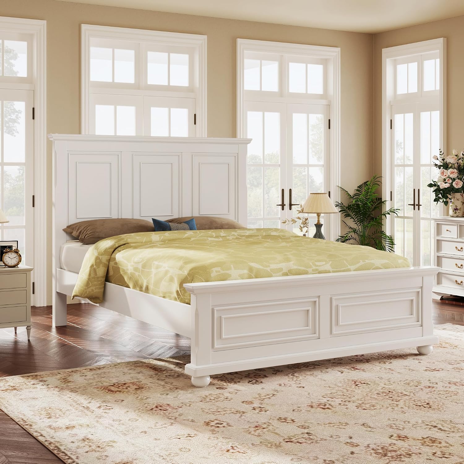 Merax Queen Size Bed Frames Traditional Town and Country Style Pinewood Vintage Bed,No Box Spring Needed,White
