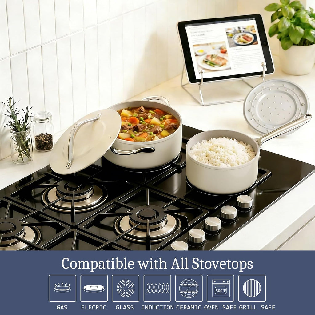 CookinCraze Ceramic Cookware Set, Pots and Pans Set Nonstick with Lid PFAS & PFOA Free, Induction Compatible Oven Safe Up to 500°F Even Heat Distribution, Cream