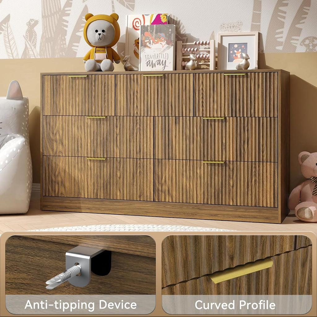 7 Drawer Dresser and Nightstand Sets, 3 Pcs Bedroom Set for Bedroom, Fluted Night Stand Set of 2 & 55' Wide Dresser w/Gold Handles, Mid Century Wood Chest of Drawers Storage Set, Walnut