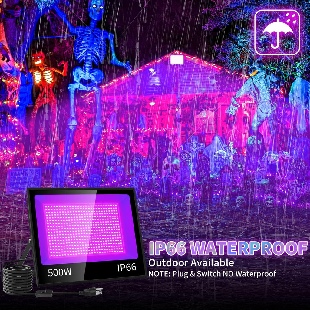 500W LED Black Light IP66 Waterproof, Outdoor Blacklight Flood Light with Plug+Switch, Powerful for Neon Glow in the Dark Party Large Space Gym Club Halloween Stage Lighting Fluorescent Poster, 2 Pack