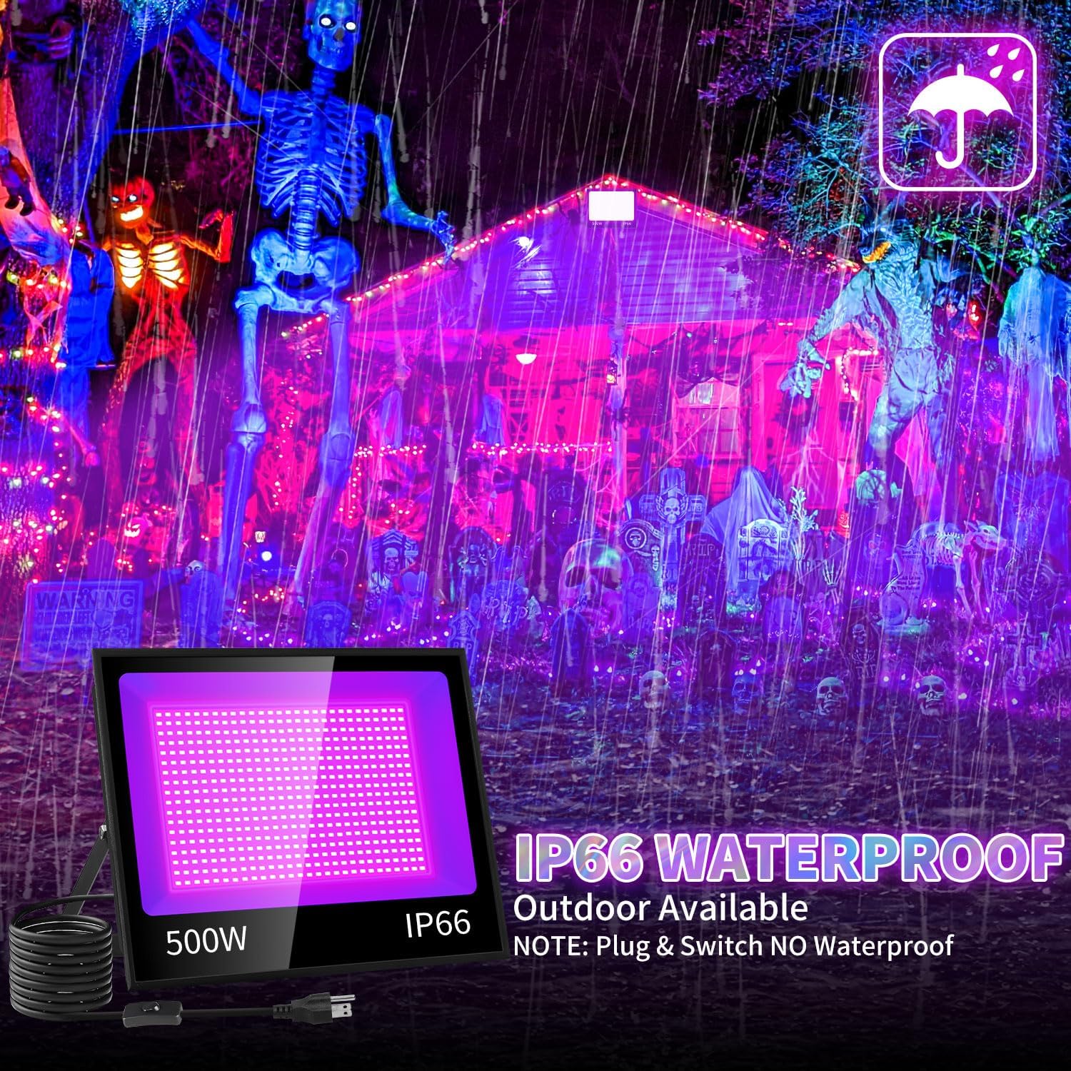 500W LED Black Light IP66 Waterproof, Outdoor Blacklight Flood Light with Plug+Switch, Powerful for Neon Glow in the Dark Party Large Space Gym Club Halloween Stage Lighting Fluorescent Poster, 2 Pack