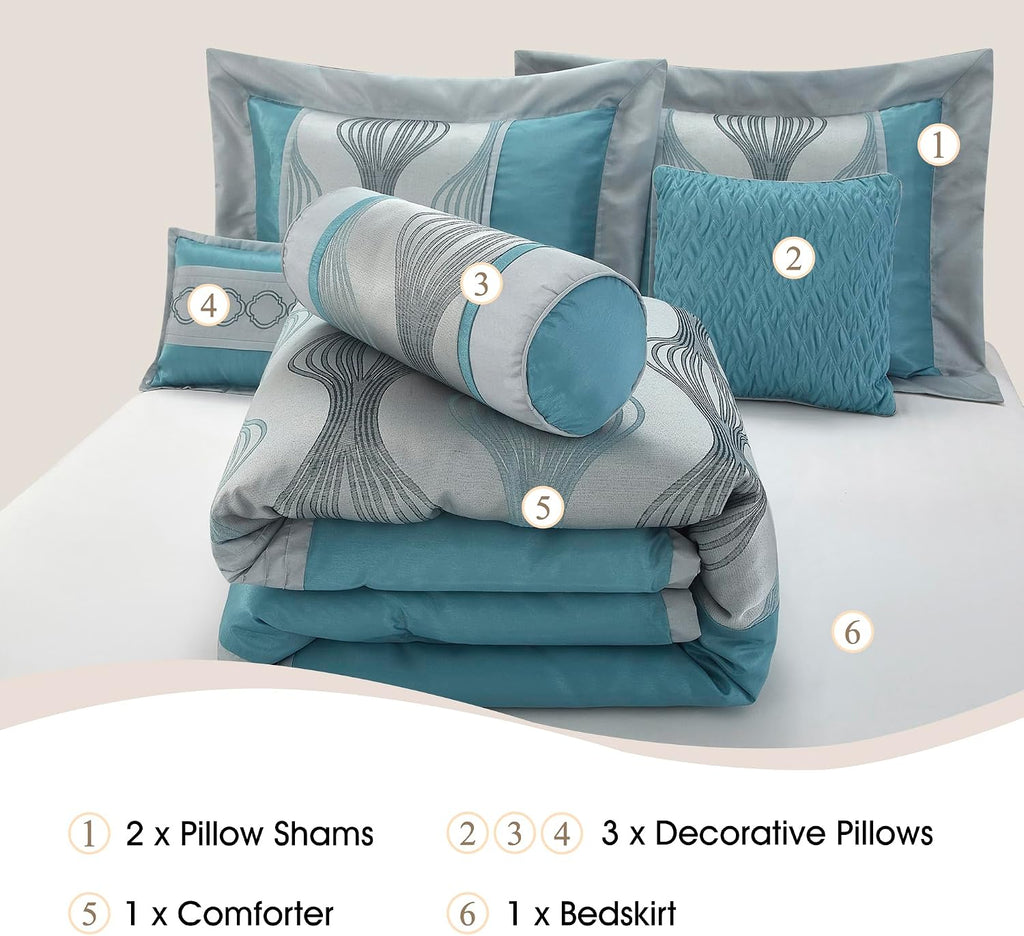 Stratford Park 7 Piece Blue Comforter Set, King Size Jacquard Bedding Set, All Season Geometric Patchwork Bedding Set, Matching Pillows, Shams, Bed Skirt