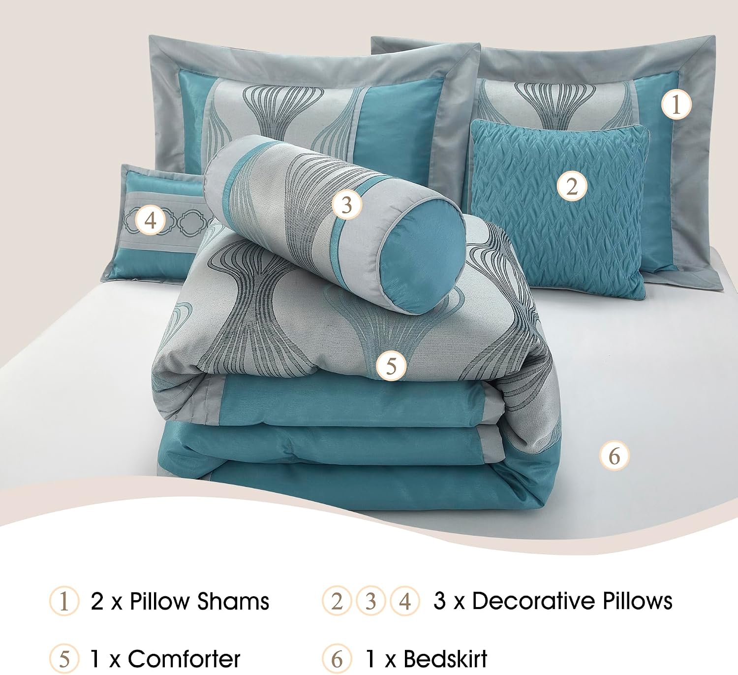 Stratford Park 7 Piece Blue Comforter Set, King Size Jacquard Bedding Set, All Season Geometric Patchwork Bedding Set, Matching Pillows, Shams, Bed Skirt