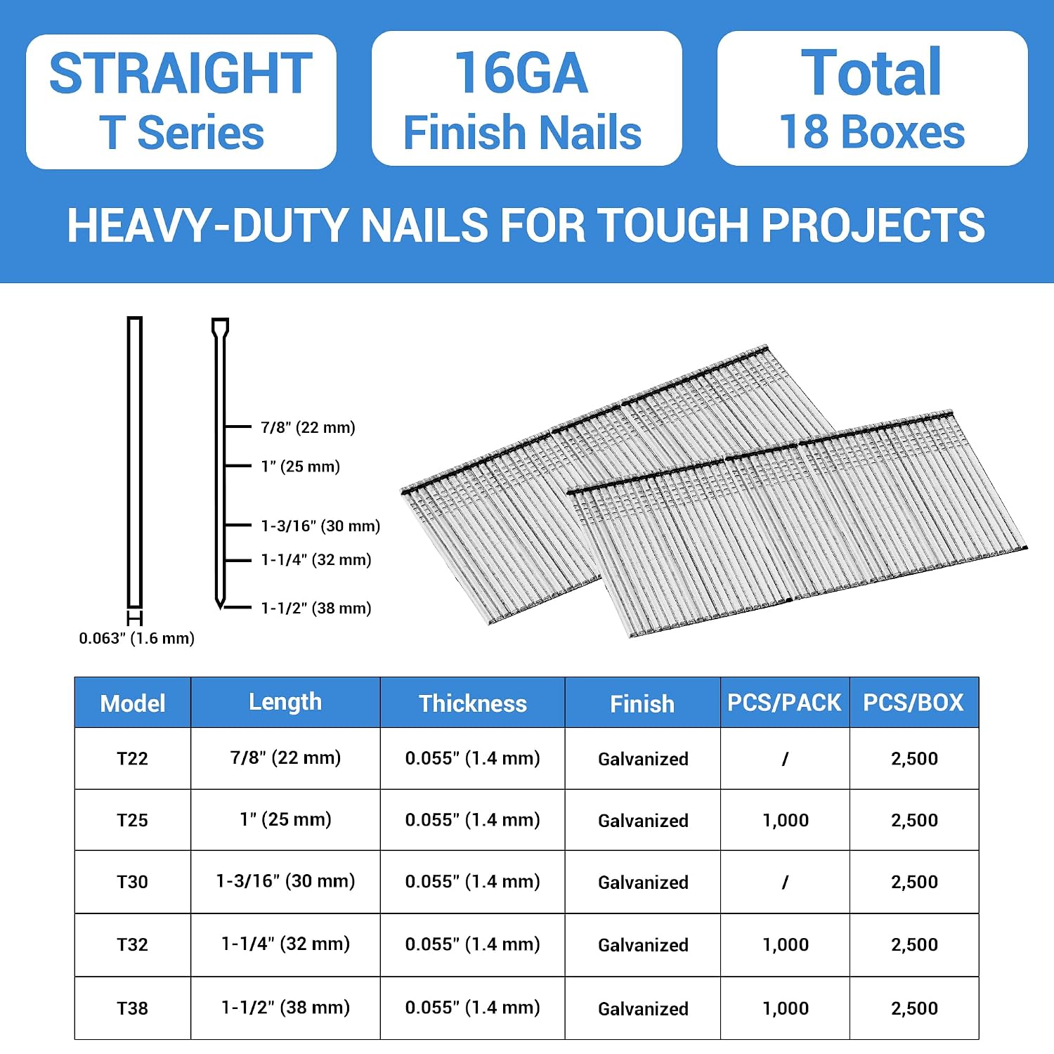 meite 16 Gauge Finish Nails 1-3/16 Inch Galvanized 16GA Straight Finishing Nails for Finish Nailer, for Window Casing Baseboard Crown Molding, 1 Case/45,000PCS