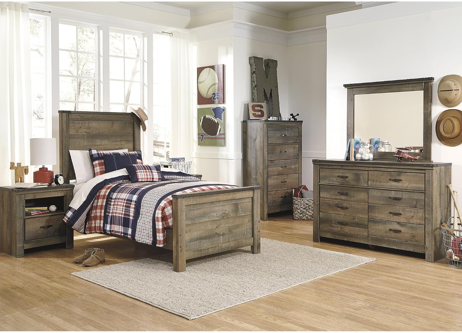 Signature Design by Ashley Trinell Casual Twin Panel Bed with Metal Slats and Nailheads, Foundation or Box Spring Needed, Dark Brown